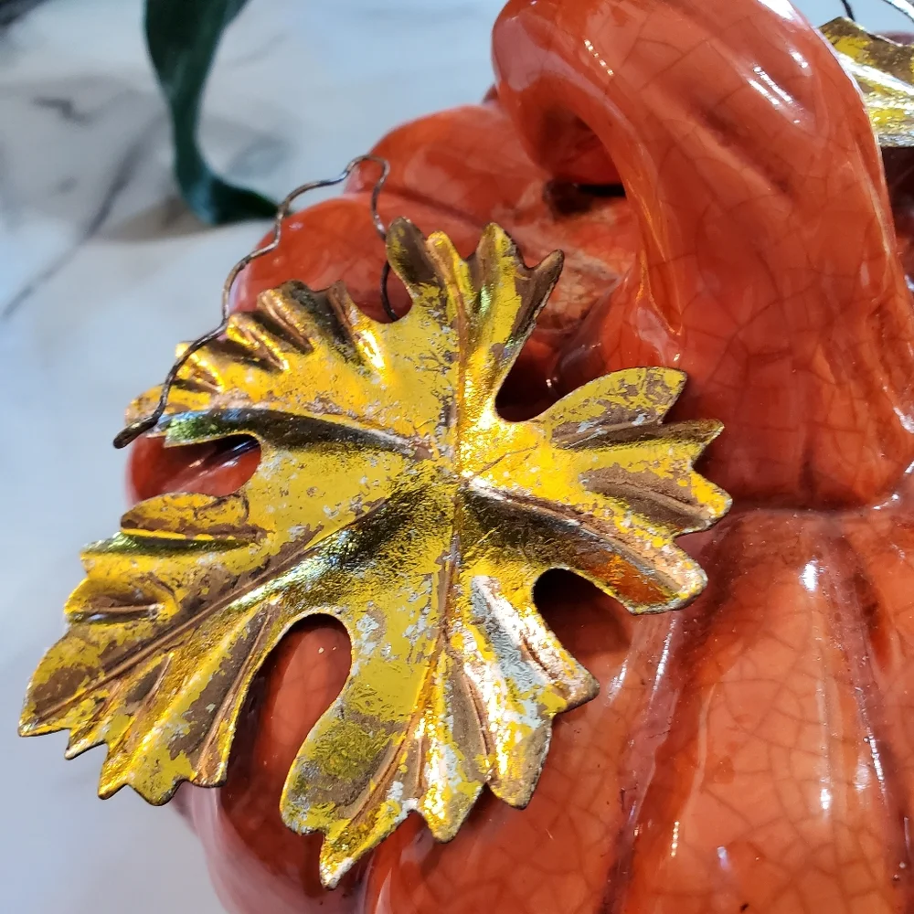 Ceramic Pumpkin with metal leaves